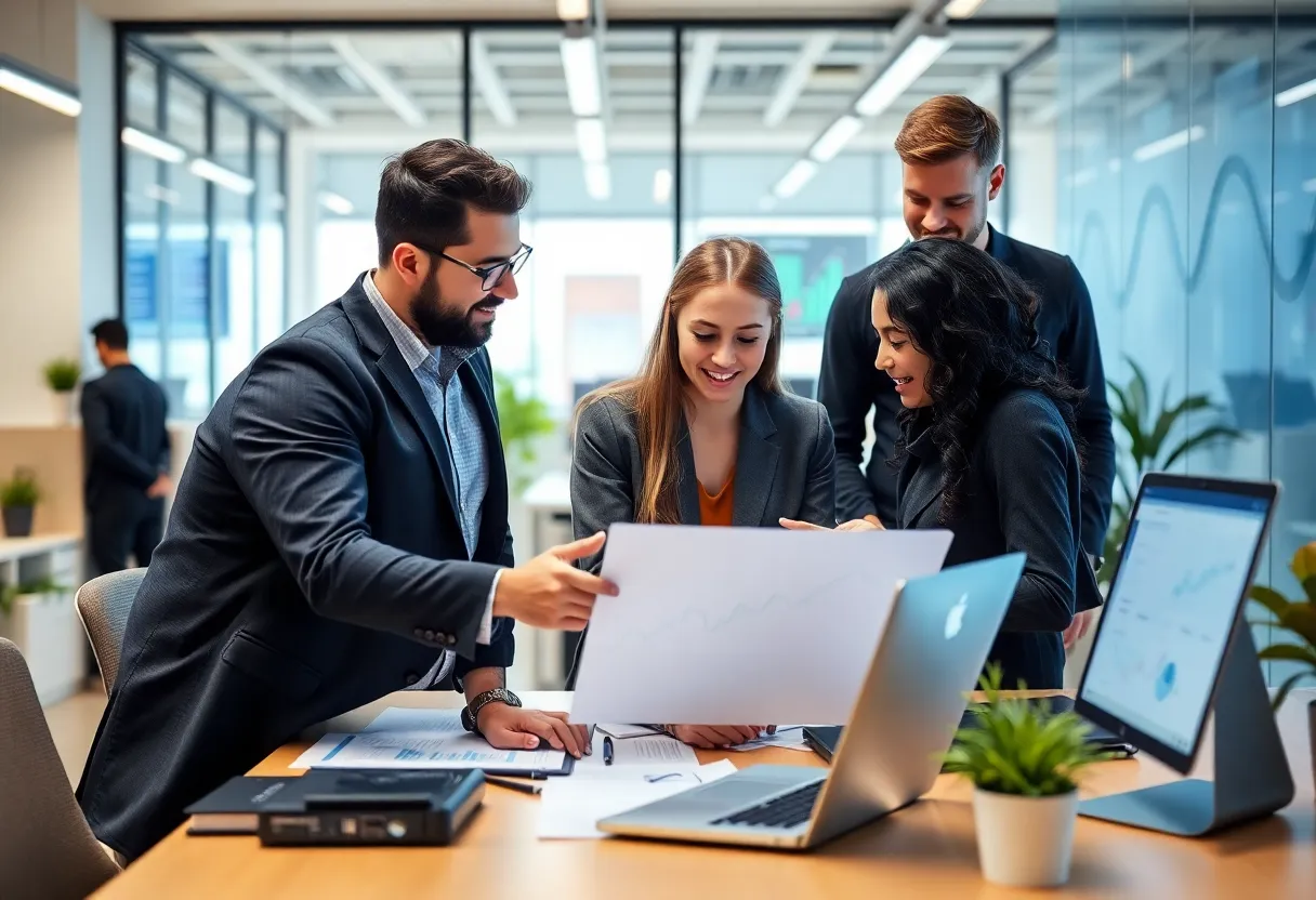 A team working together in a digital marketing setting.