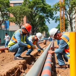 Workers laying down new water pipes in Uptown Greenwood South Carolina