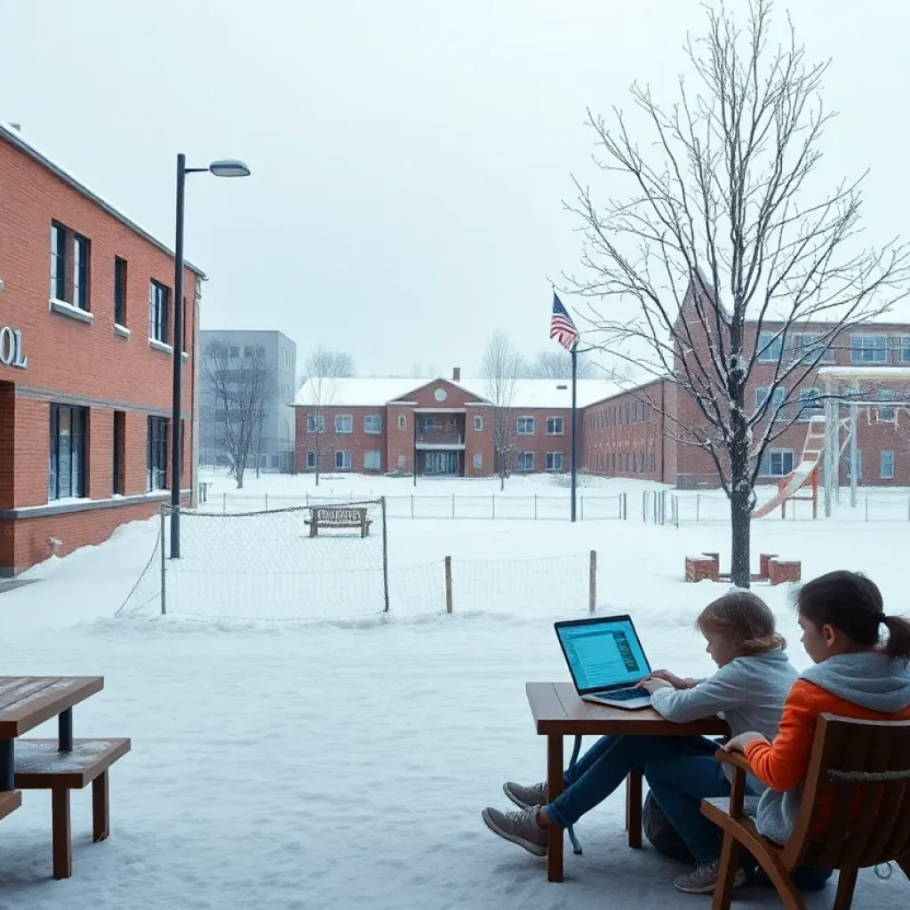 Empty school playground during winter weather