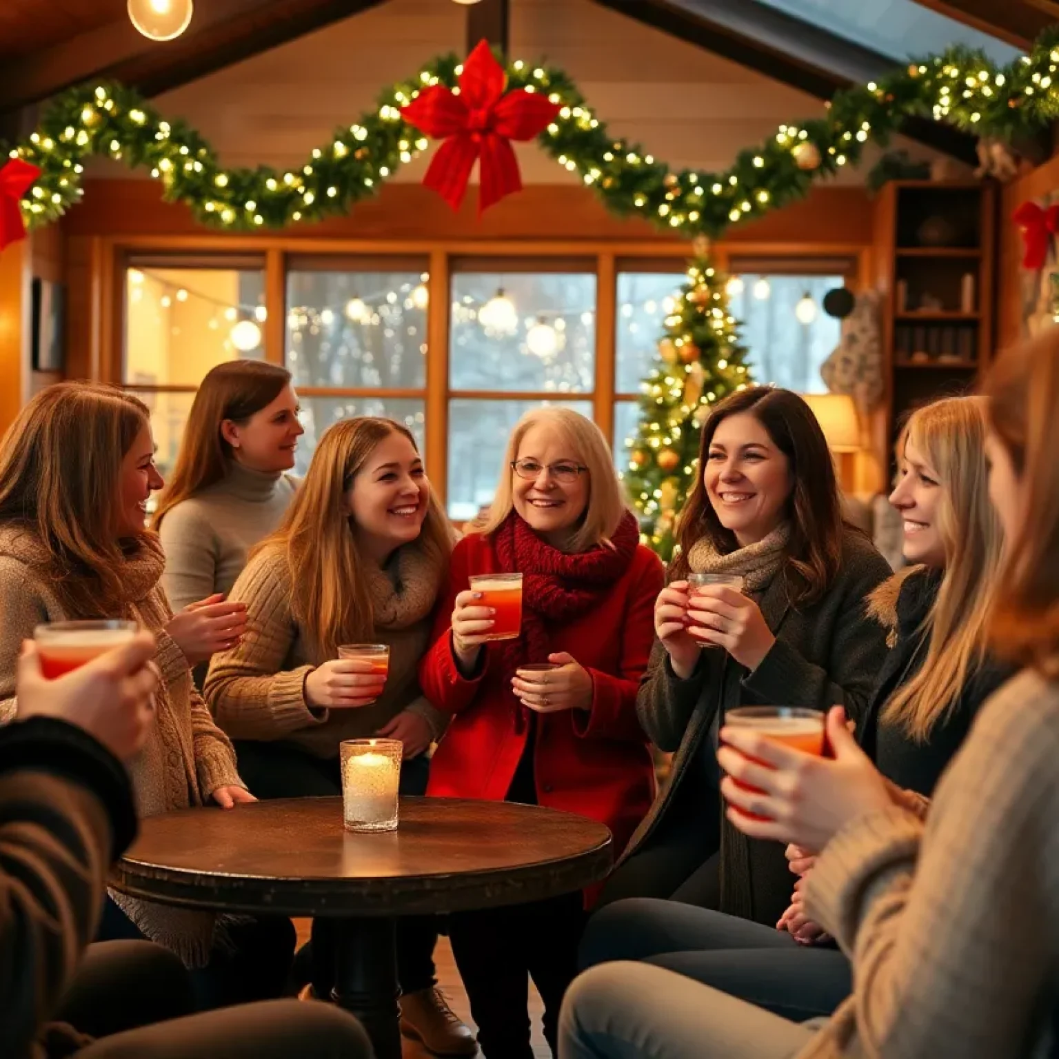 A group of women at a winter social event in Greenwood, enjoying warm drinks and conversations.