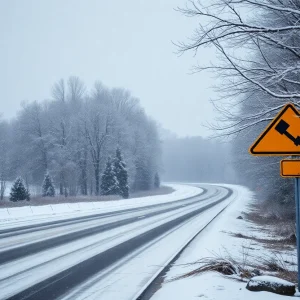 Snow and ice-covered road in Greenville, SC under winter storm warning