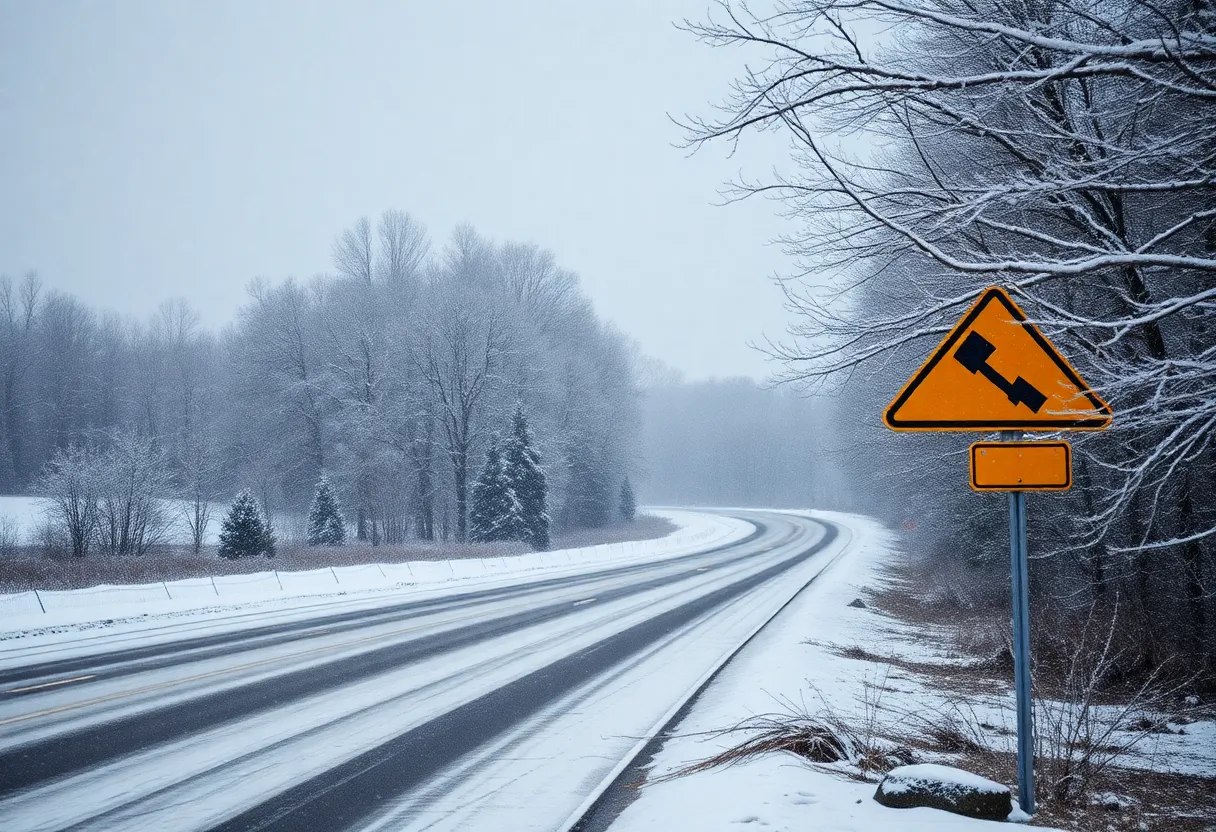 Snow and ice-covered road in Greenville, SC under winter storm warning