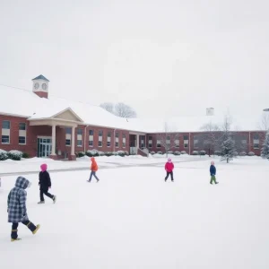 Snow-covered school in Greenville, South Carolina during winter weather.