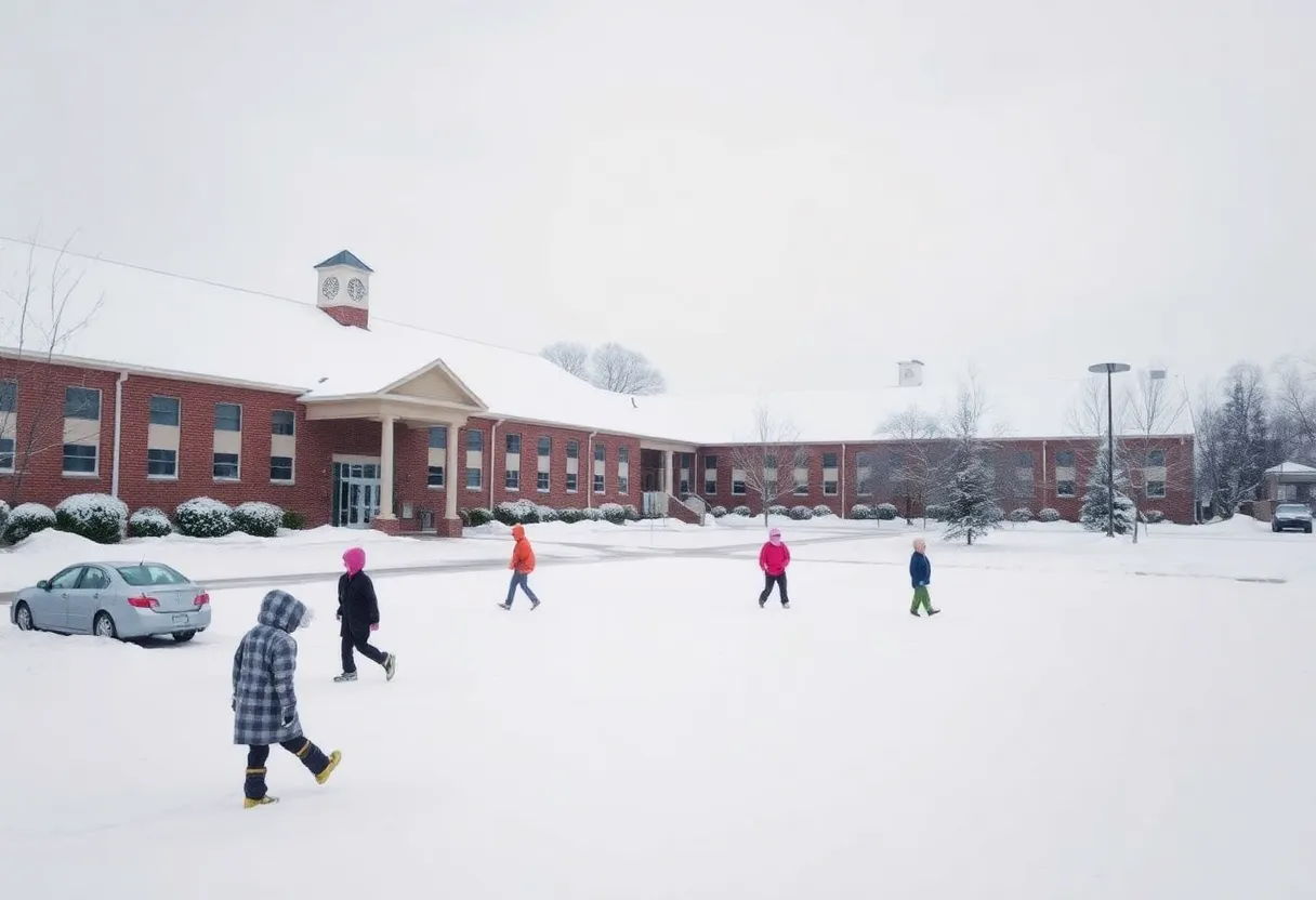 Snow-covered school in Greenville, South Carolina during winter weather.