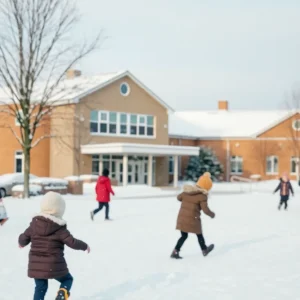 Children playing in the snow outside a school during winter weather.