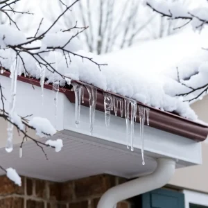 A well-maintained roof during winter with snow, icicles, and trimmed branches