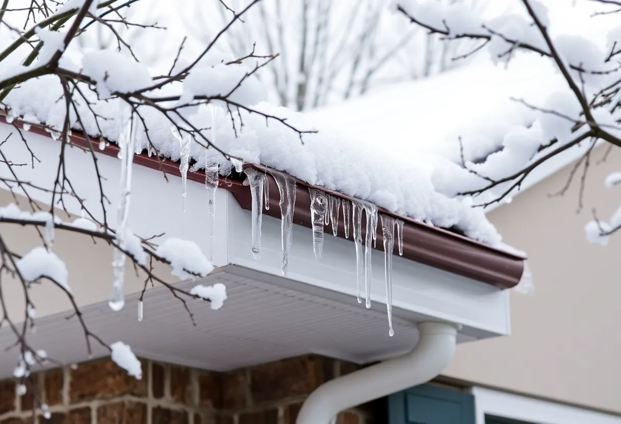 A well-maintained roof during winter with snow, icicles, and trimmed branches