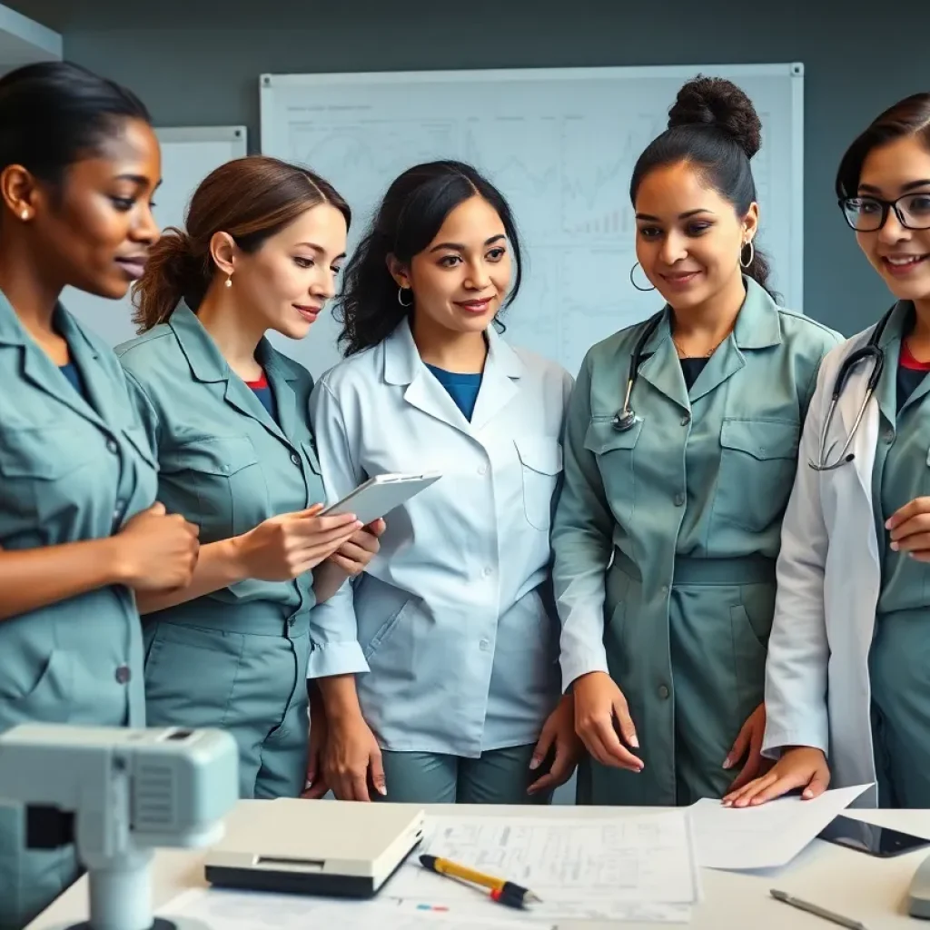 Women in military uniforms conducting health research