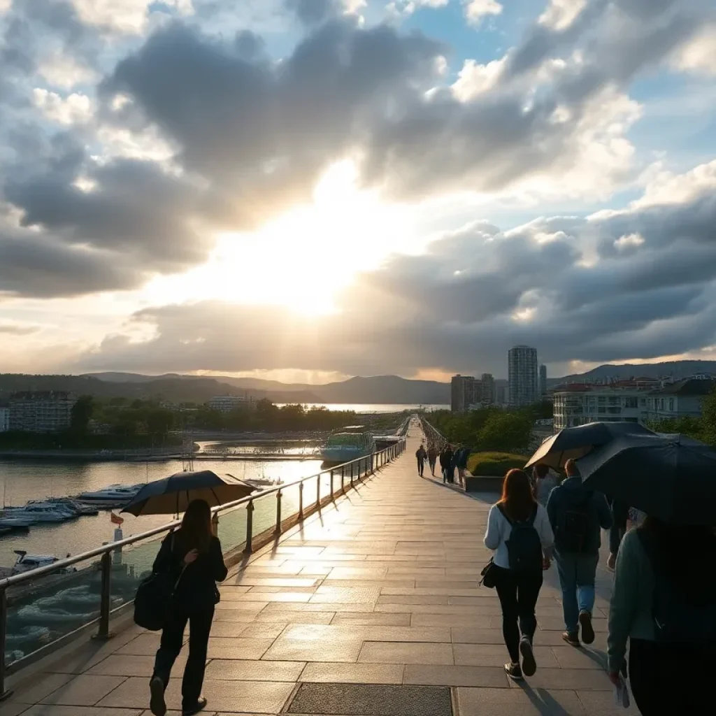 A vibrant bay city after rain with students and clear skies.