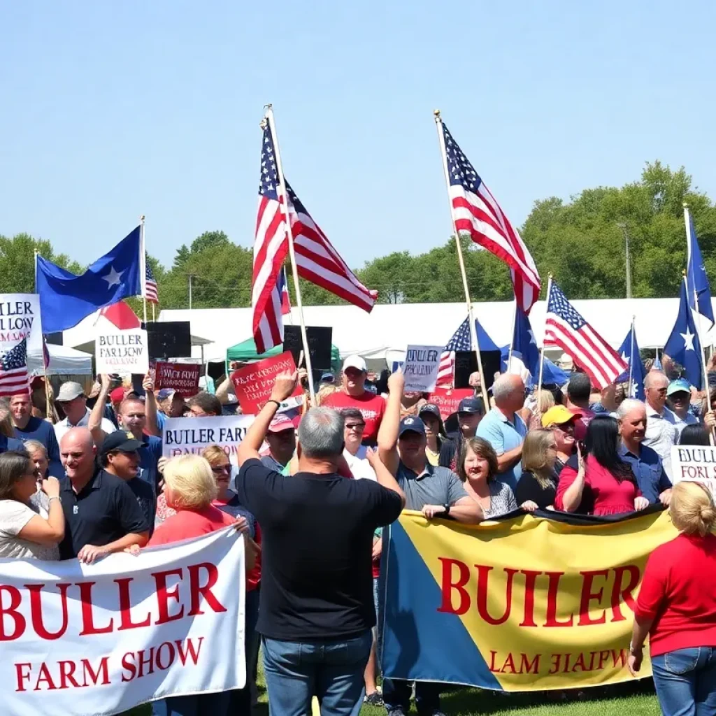 Supporters gathered at the Butler Pennsylvania rally with banners.