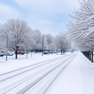 Snow covered streets and trees in Columbia, South Carolina