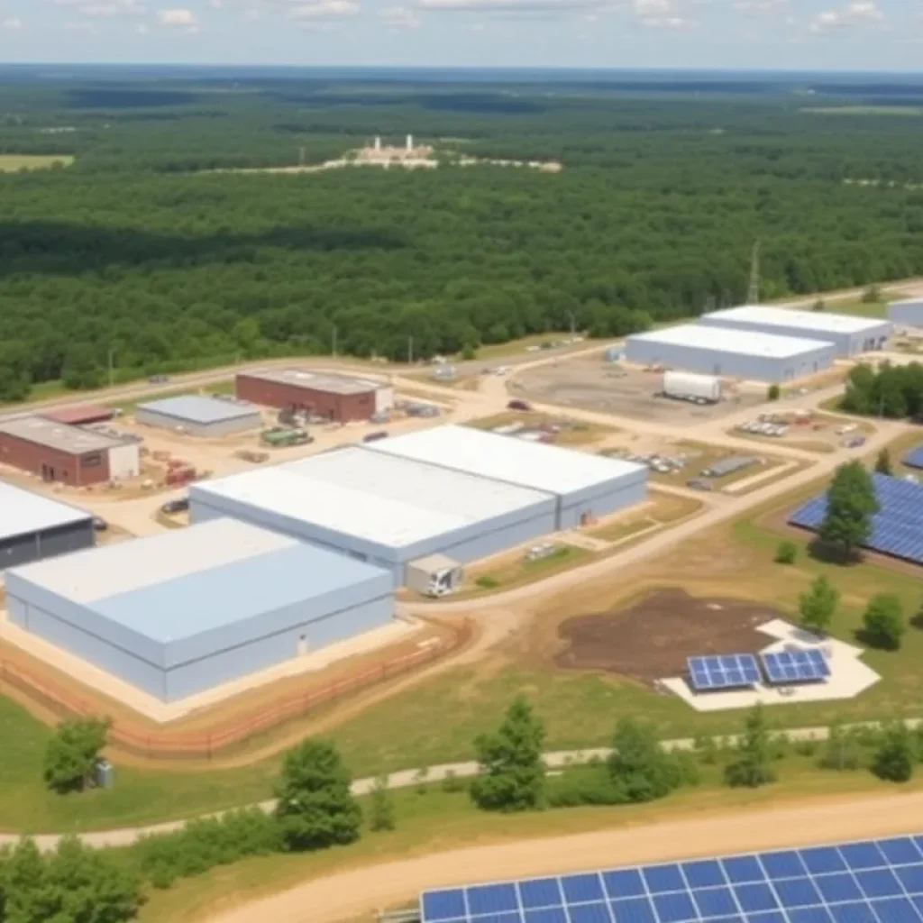 A scenic view of Greenwood County's industrial area with construction and solar energy.