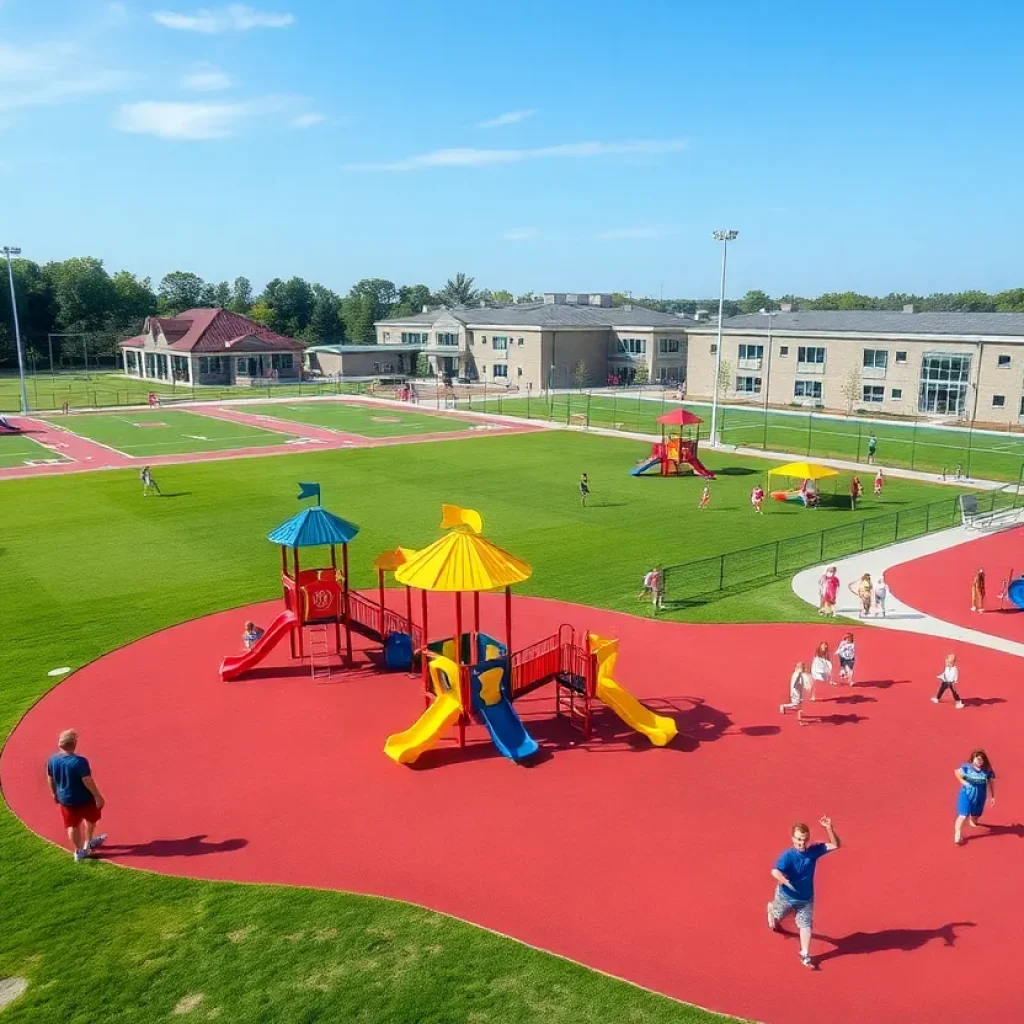 Renovated Greenwood County Recreation Complex with families in the playground