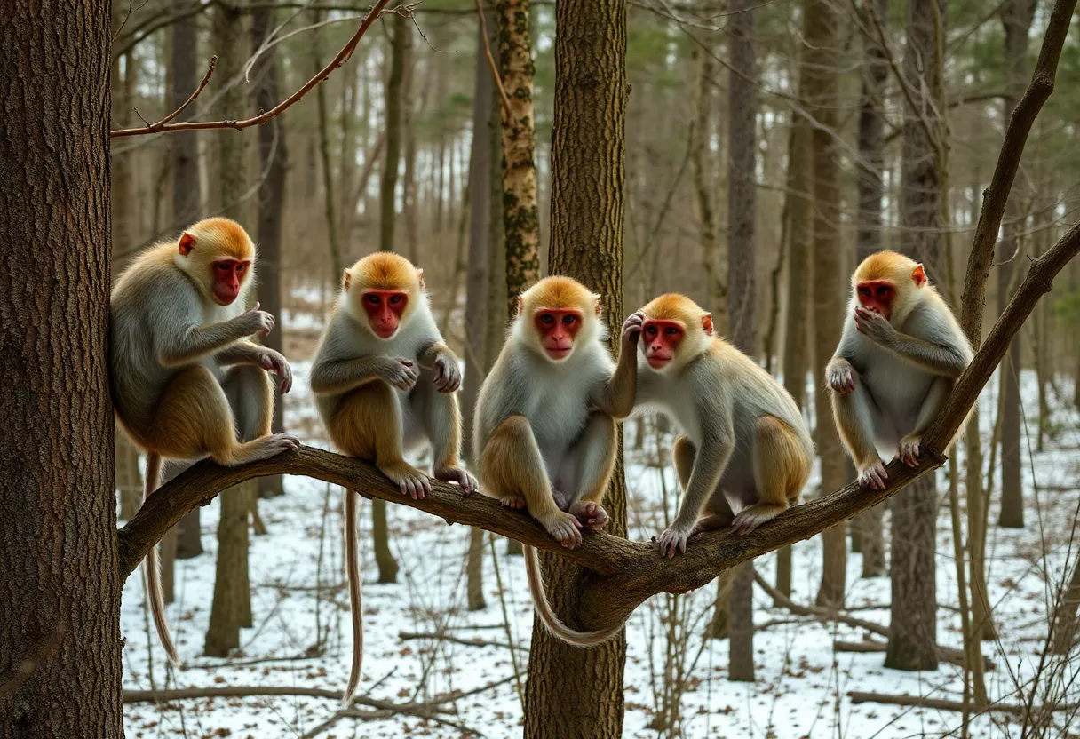 Rhesus macaque monkeys playing in snowy trees