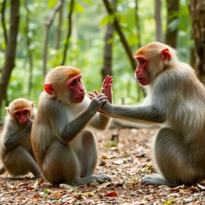 Playful rhesus macaque monkeys in the woods