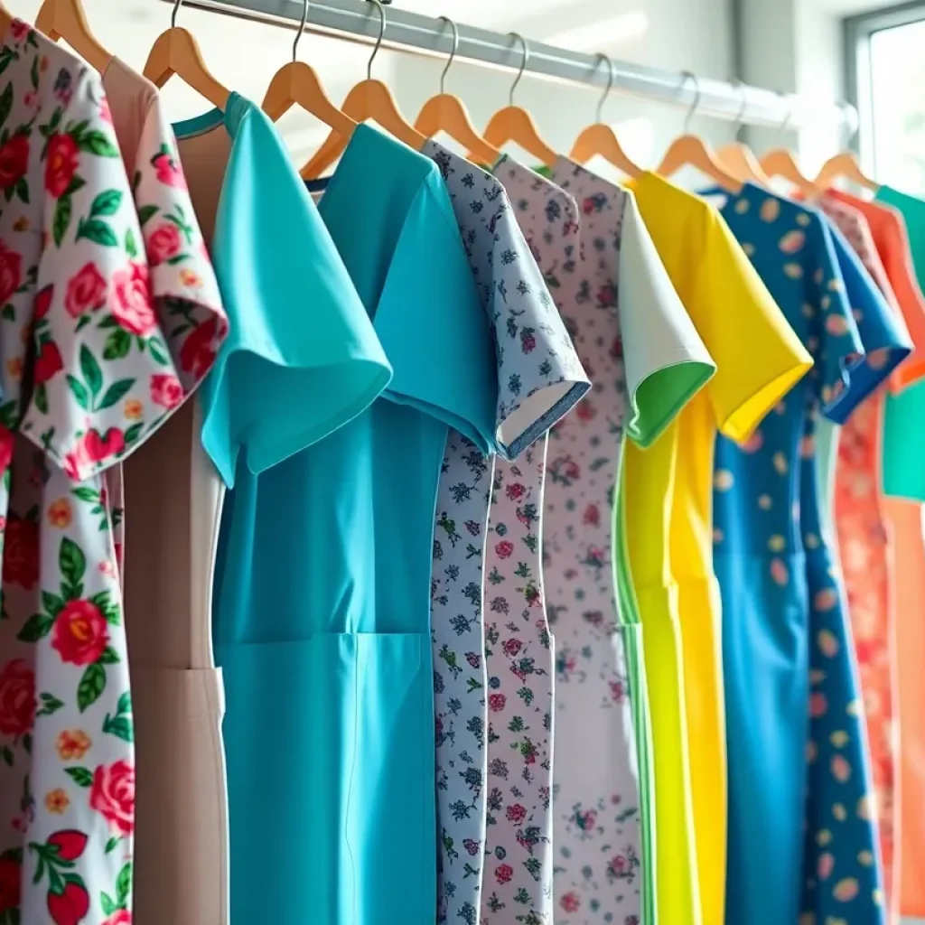 A vibrant display of healthcare scrubs in a store illuminated by sunlight.