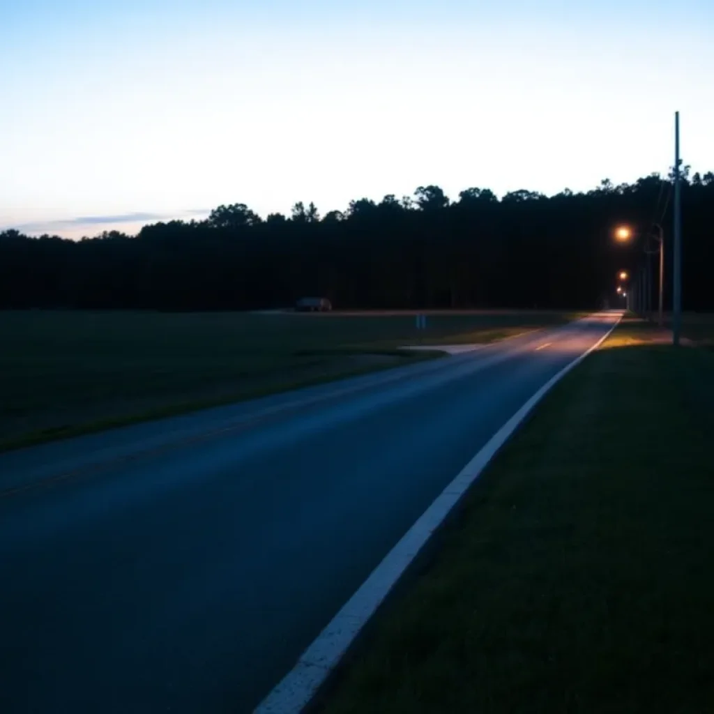 Quiet night scene of Siloam Church Road in Greenwood County