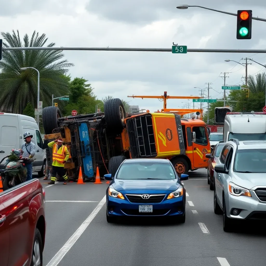 Recovery efforts for an overturned tractor in Greenwood causing traffic disruption.