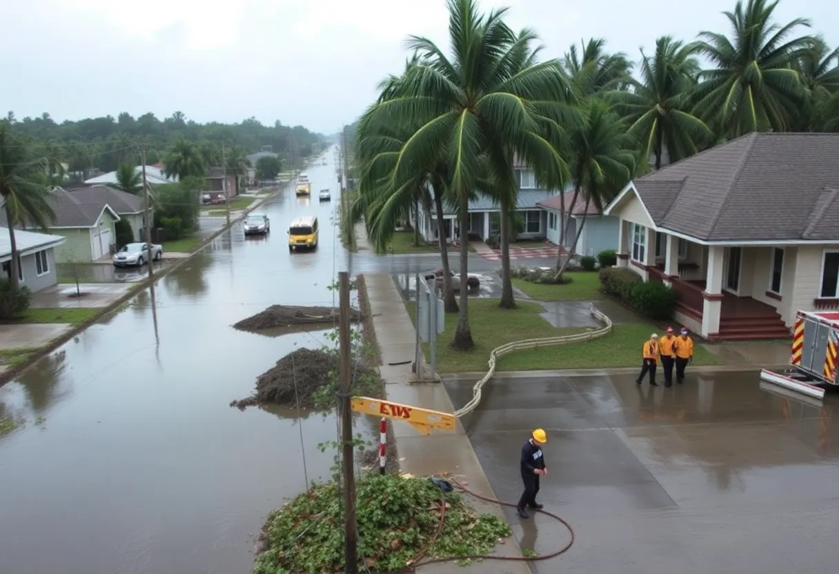 Flooded streets and emergency responders after Tropical Storm Debby