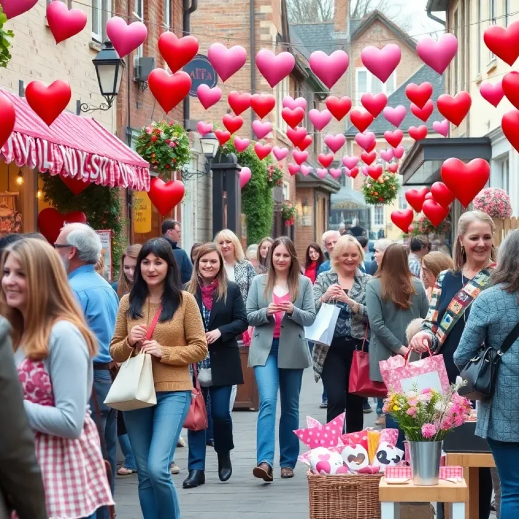 A bustling Valentine's Sip 'n' Shop event in Uptown Greenwood with local vendors and festive decor.