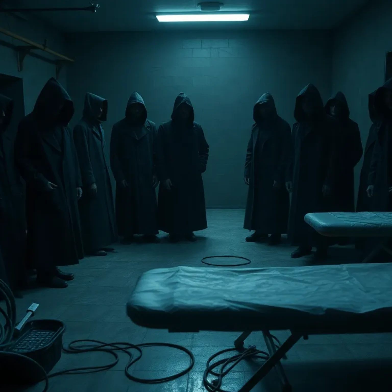 Gathering of a mysterious group in black coats