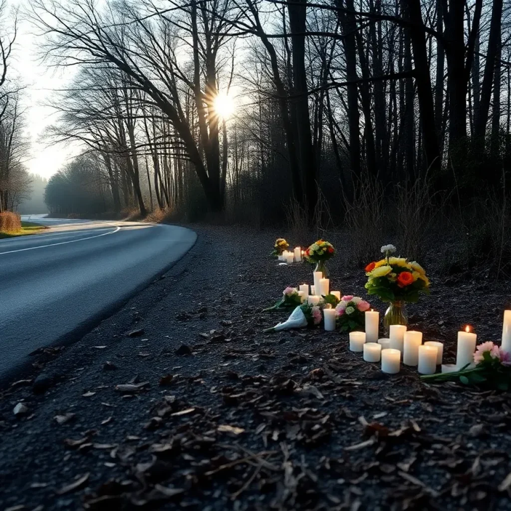 Memorial flowers and candles at the scene of a tragic road accident.