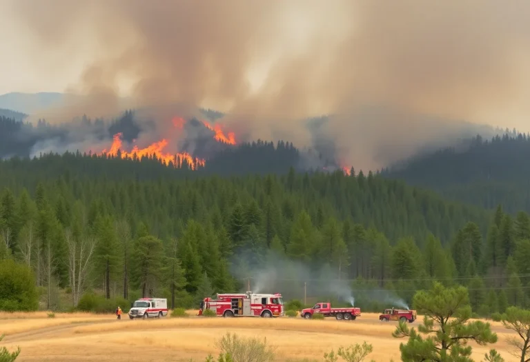 Firefighters battling the Carolina Wildfire in a dense forest area.