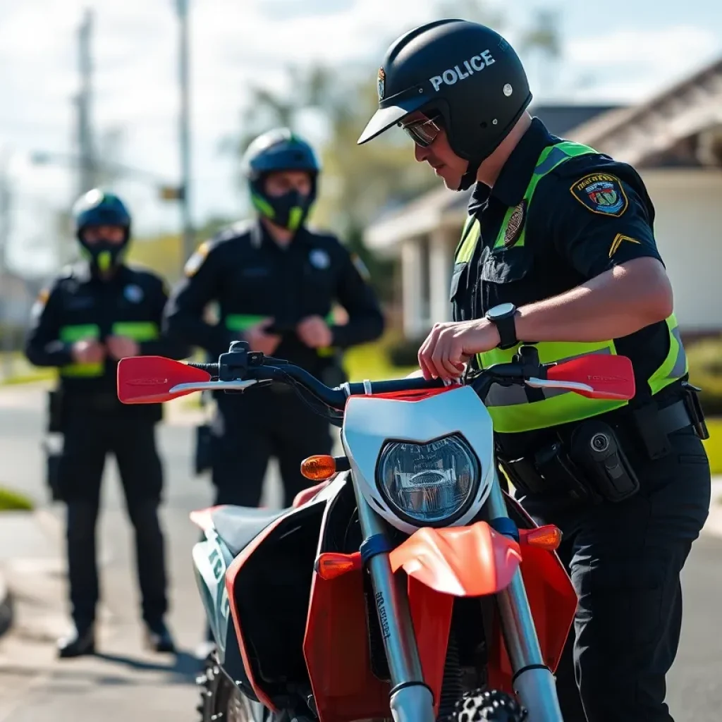 Police deputy inspecting a dirt bike during a theft investigation in Greenwood.