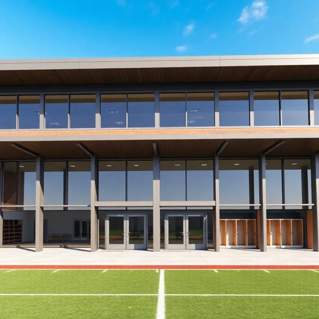 Rendering of the new field house at Greenwood High School with modern architecture.