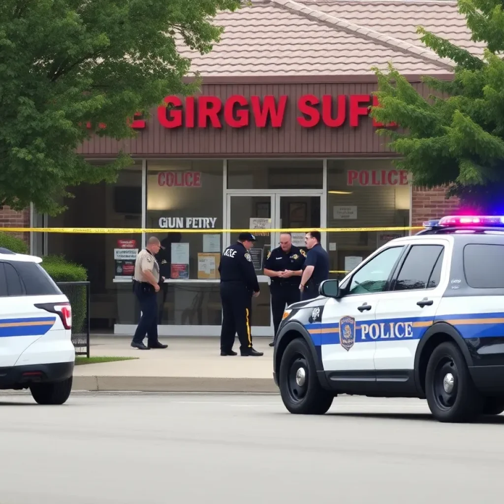 Police cars outside a gun store during a burglary investigation