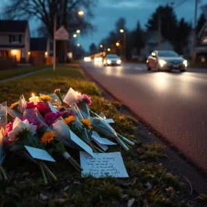 Roadside memorial with flowers for victims of Lancaster County accident