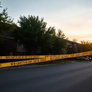 A suburban apartment complex marked with caution tape after a tragic incident.