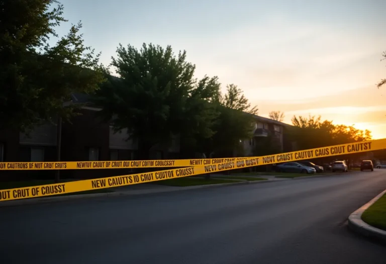 A suburban apartment complex marked with caution tape after a tragic incident.