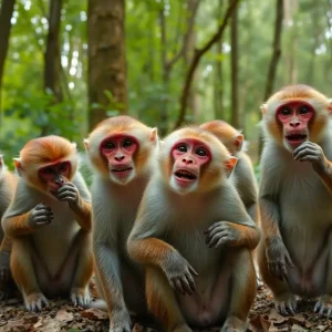 A group of rhesus macaques exploring their natural habitat