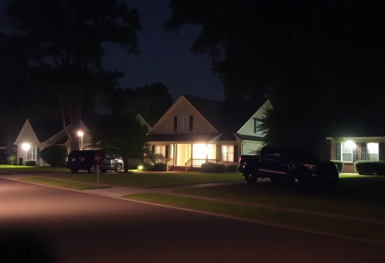 Suburban home at night with security concerns.