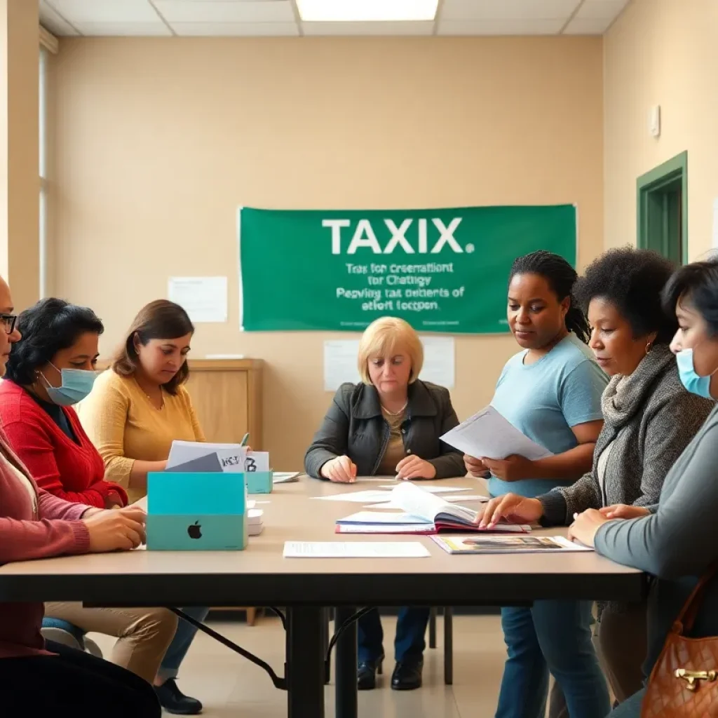 Volunteers providing free tax preparation assistance to residents